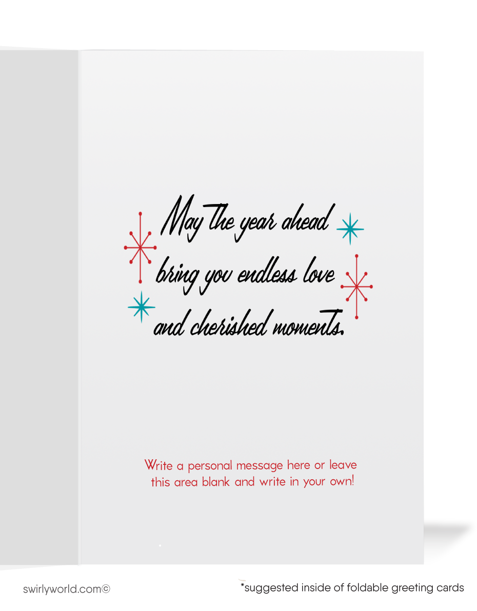 Vintage 1940s Midnight Kiss New Year's Greeting Card – Romantic Couple, Confetti, and Timeless Retro Design