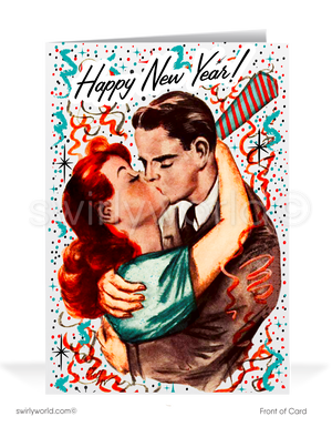 Vintage 1940s Midnight Kiss New Year's Greeting Card – Romantic Couple, Confetti, and Timeless Retro Design