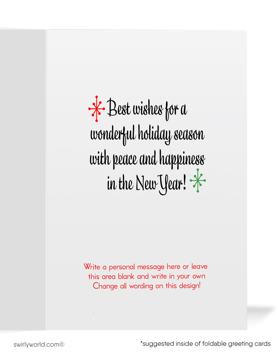 Vintage 1950s-Style Retro Kitschy Christmas Card with Snowman Couple in Santa’s Sleigh