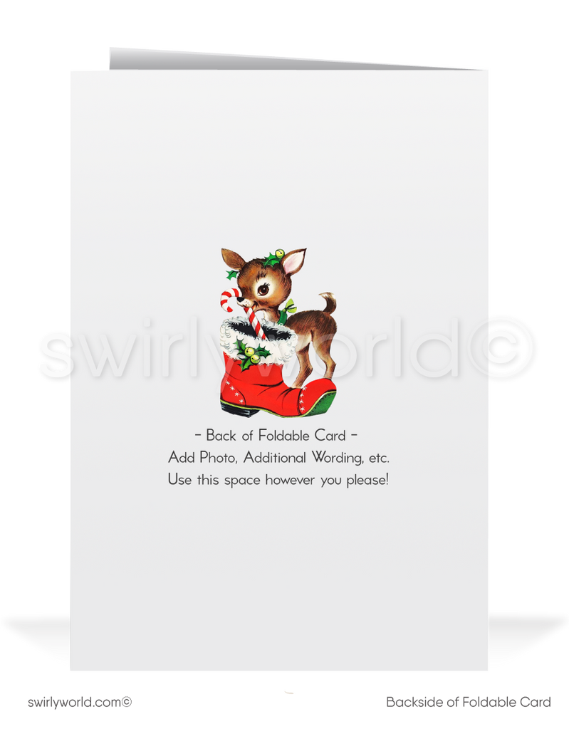 Vintage 1950s-Style Retro Kitschy Christmas Card with Snowman Couple in Santa’s Sleigh