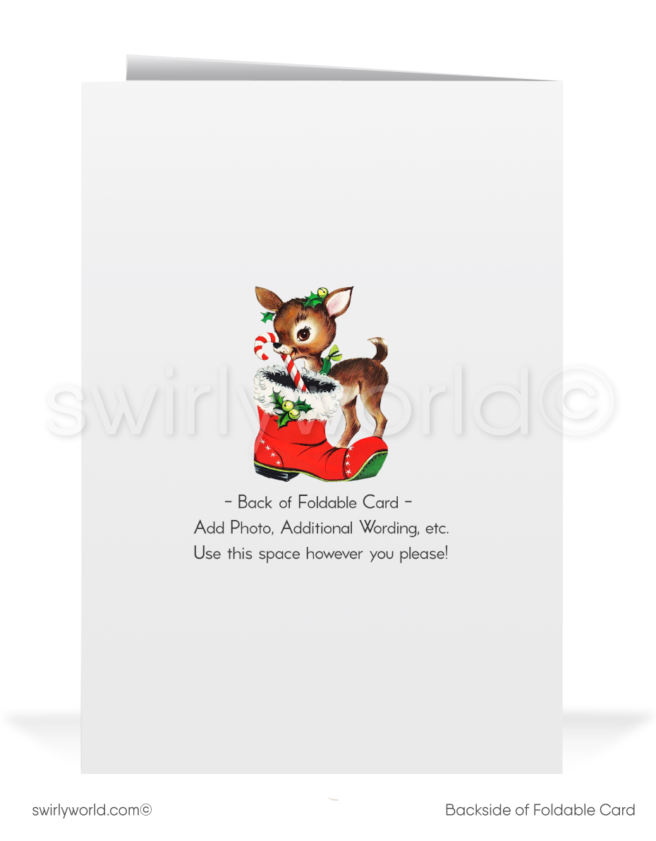 Vintage 1950s-Style Retro Kitschy Christmas Card with Snowman Couple in Santa’s Sleigh