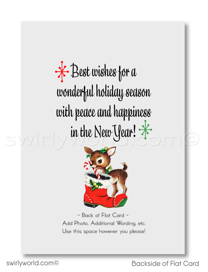 Vintage 1950s-Style Retro Kitschy Christmas Card with Snowman Couple in Santa’s Sleigh