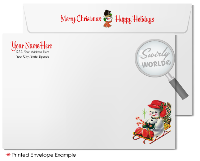 Vintage 1950s-Style Retro Kitschy Christmas Card with Snowman Couple in Santa’s Sleigh