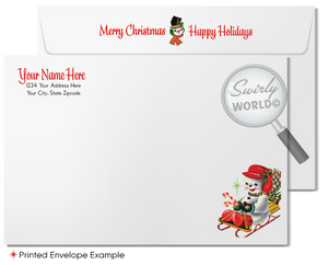 Vintage 1950s-Style Retro Kitschy Christmas Card with Snowman Couple in Santa’s Sleigh