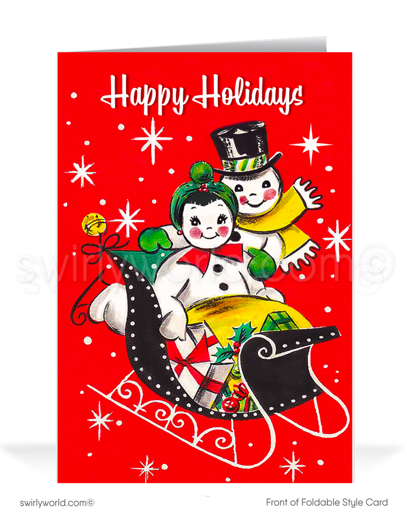 Vintage 1950s-Style Retro Kitschy Christmas Card with Snowman Couple in Santa’s Sleigh