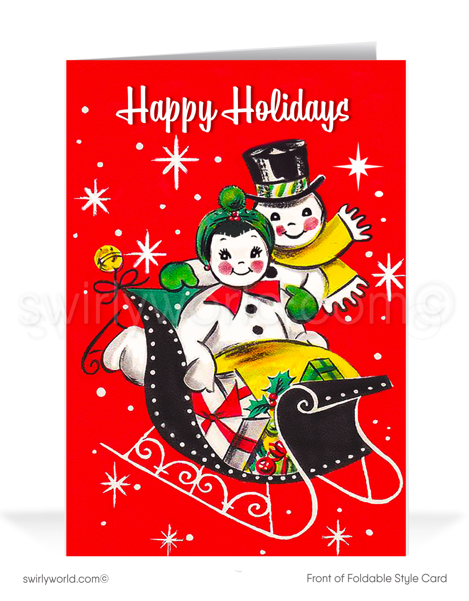 Vintage 1950s-Style Retro Kitschy Christmas Card with Snowman Couple in Santa’s Sleigh