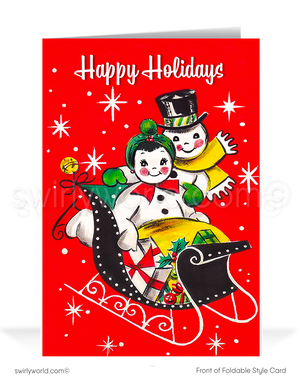 Vintage 1950s-Style Retro Kitschy Christmas Card with Snowman Couple in Santa’s Sleigh