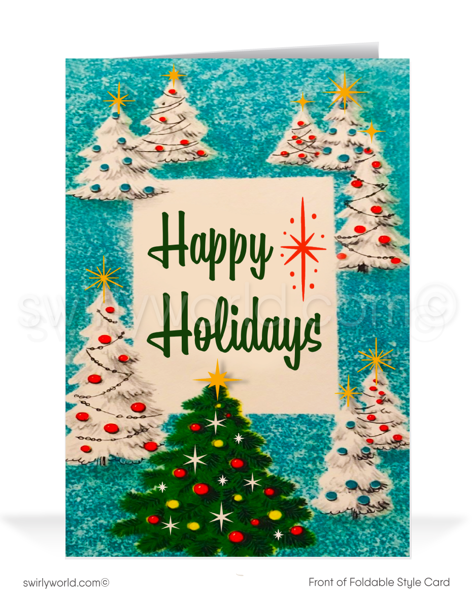 Vintage 1950s-1960s Christmas Card with Mid-Century Modern Trees and Atomic Starbursts