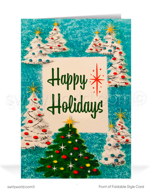 Vintage 1950s-1960s Christmas Card with Mid-Century Modern Trees and Atomic Starbursts