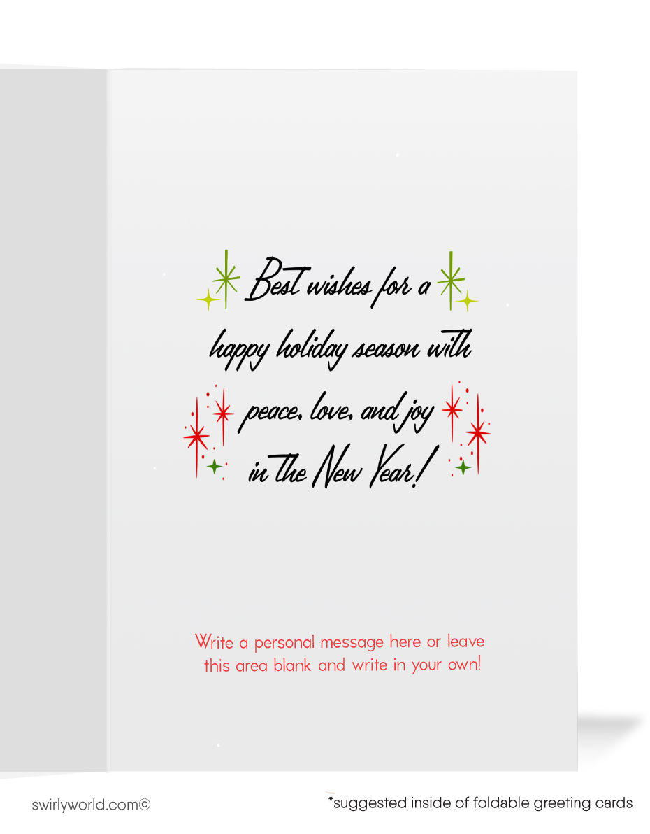 Celebrate the season with a vintage 1950s-inspired card featuring a kitschy white deer, retro ornaments, and atomic starbursts. Nostalgic mid-century holiday charm!