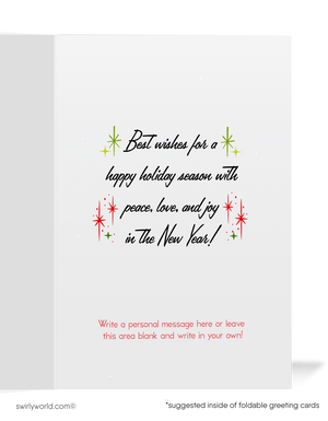 Vintage 1950s Christmas Card – Kitschy White Deer with Retro Ornaments & Atomic Starbursts, Mid-Century Holiday Design