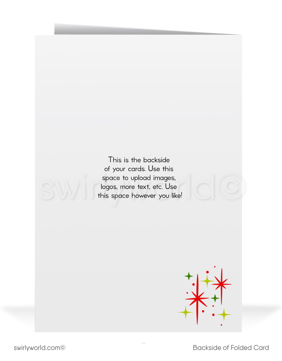 Vintage 1950s Christmas Card – Kitschy White Deer with Retro Ornaments & Atomic Starbursts, Mid-Century Holiday Design