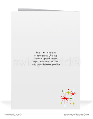 Vintage 1950s Christmas Card – Kitschy White Deer with Retro Ornaments & Atomic Starbursts, Mid-Century Holiday Design