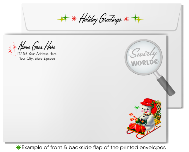 Vintage 1950s Christmas Card – Kitschy White Deer with Retro Ornaments & Atomic Starbursts, Mid-Century Holiday Design