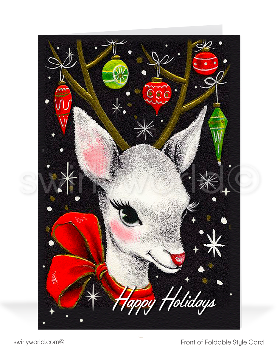 Celebrate the season with a vintage 1950s-inspired card featuring a kitschy white deer, retro ornaments, and atomic starbursts. Nostalgic mid-century holiday charm!