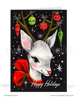 Celebrate the season with a vintage 1950s-inspired card featuring a kitschy white deer, retro ornaments, and atomic starbursts. Nostalgic mid-century holiday charm!