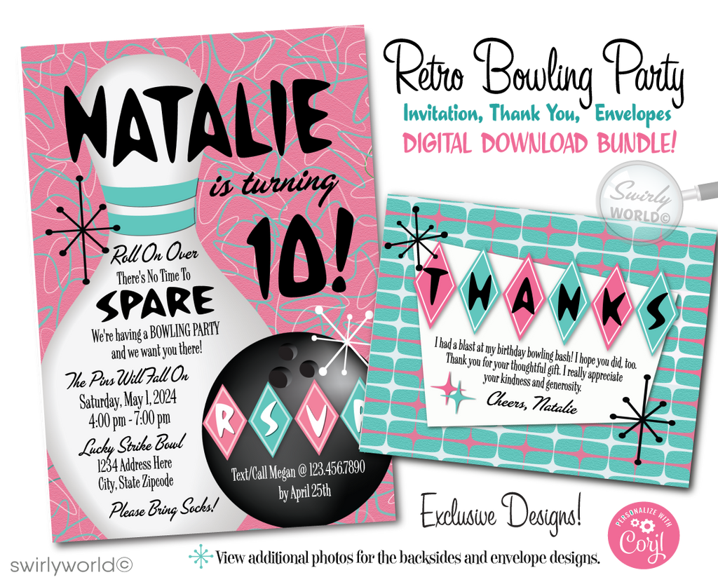 Get ready to bowl your guests over with our Atomic Pink and Aqua Blue Retro 1950s Bowling Alley Themed Birthday Party Invitation Set. This digitally designed suite captures the essence of the Mid-Century Modern aesthetic, featuring iconic starbursts, sputniks, and boomerang shapes in a cool palette of pink and blue.