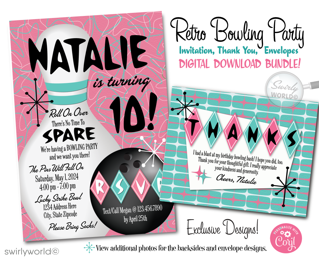 Get ready to bowl your guests over with our Atomic Pink and Aqua Blue Retro 1950s Bowling Alley Themed Birthday Party Invitation Set. This digitally designed suite captures the essence of the Mid-Century Modern aesthetic, featuring iconic starbursts, sputniks, and boomerang shapes in a cool palette of pink and blue.