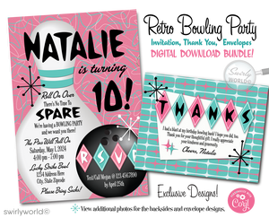 Get ready to bowl your guests over with our Atomic Pink and Aqua Blue Retro 1950s Bowling Alley Themed Birthday Party Invitation Set. This digitally designed suite captures the essence of the Mid-Century Modern aesthetic, featuring iconic starbursts, sputniks, and boomerang shapes in a cool palette of pink and blue.