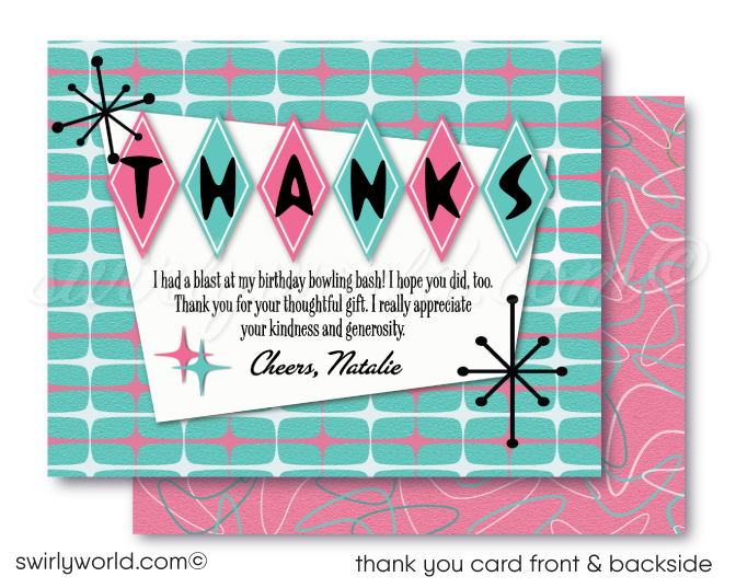 "10 PIN" 1950s Retro Atomic Pink Mid-Century Modern Starbursts Bowling Party Invitations