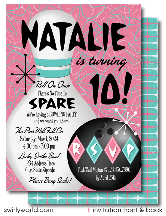 Get ready to bowl your guests over with our Atomic Pink and Aqua Blue Retro 1950s "10 Pin" Bowling Alley Themed Printed Birthday Party Invitation Set. This design suite captures the essence of the Mid-Century Modern aesthetic, featuring iconic starbursts, sputniks, and boomerang shapes with an image of a bowling ball and pin.