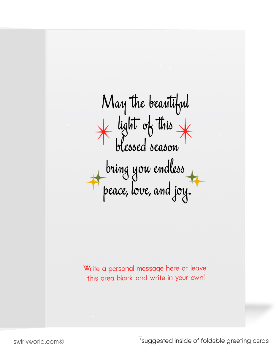 Vintage Christmas cards featuring a serene church scene, white Christmas tree, and North Star with "Christmas Blessings" in retro style. Personalize for a unique touch.