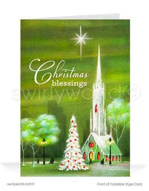 Vintage Christmas cards featuring a serene church scene, white Christmas tree, and North Star with "Christmas Blessings" in retro style. Personalize for a unique touch.