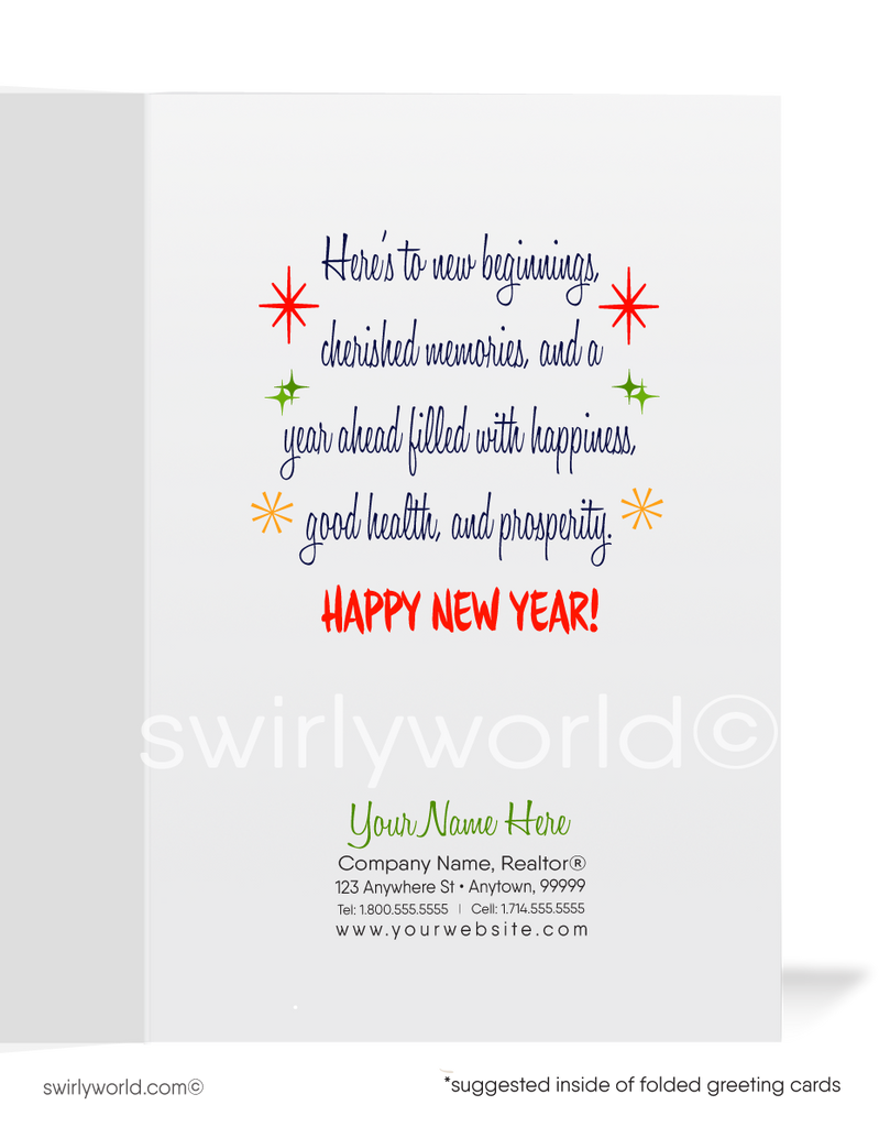 1950s-1960s Vintage Mid-Century Modern Retro Festive Happy New Year Greeting Cards