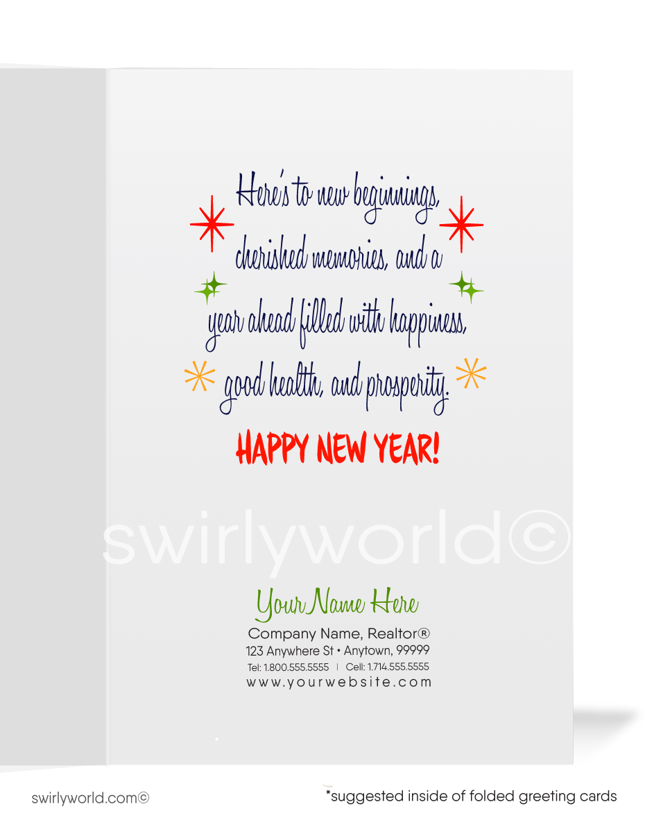 Get ready to transport yourself to the lively and colorful 1950s with our Mid-Century Style New Year's Greeting Card! This vibrant card captures the essence of the era's exuberance, adorned with a cheerful array of confetti, blowers, festive party hat, and bursts of festive colors.