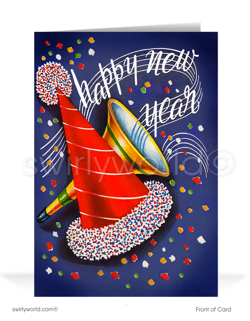 Get ready to transport yourself to the lively and colorful 1950s with our Mid-Century Style New Year's Greeting Card! This vibrant card captures the essence of the era's exuberance, adorned with a cheerful array of confetti, blowers, festive party hat, and bursts of festive colors.