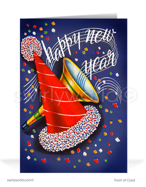 Get ready to transport yourself to the lively and colorful 1950s with our Mid-Century Style New Year's Greeting Card! This vibrant card captures the essence of the era's exuberance, adorned with a cheerful array of confetti, blowers, festive party hat, and bursts of festive colors.