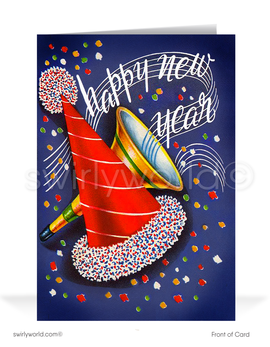 Celebrate the 1950s with our Mid-Century New Year's Card! Retro confetti, party hat, blowers, and vintage-style typography bring nostalgic charm to your greetings.