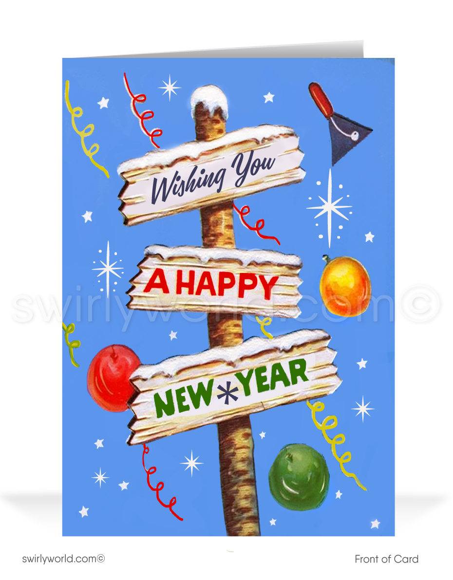 Celebrate the 1950s with our Mid-Century New Year's Card! Retro balloons, starbursts, festive colors, and a vintage wooden sign with nostalgic typography.