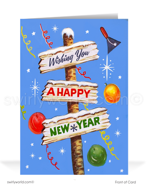 Celebrate the 1950s with our Mid-Century New Year's Card! Retro balloons, starbursts, festive colors, and a vintage wooden sign with nostalgic typography.