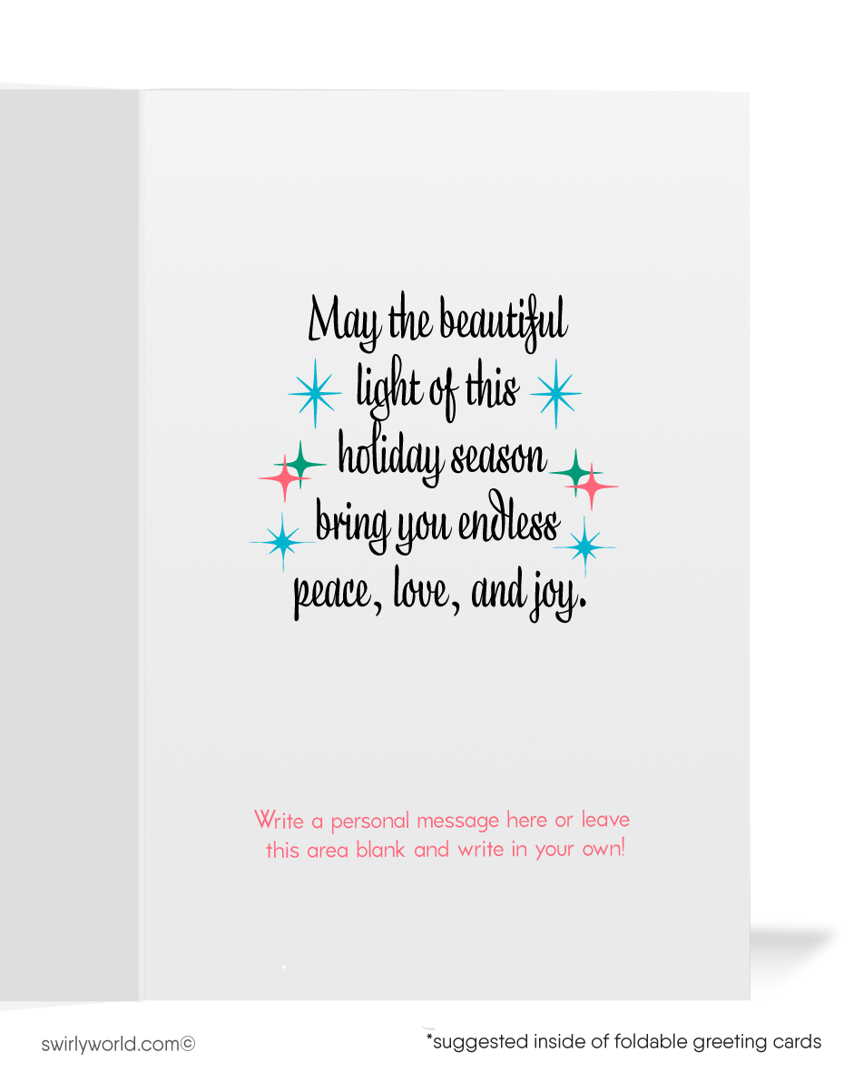 Vintage mid-century holiday cards with a silver tree, starburst candle, and custom message. Perfect retro charm for heartfelt, memorable holiday greetings.

