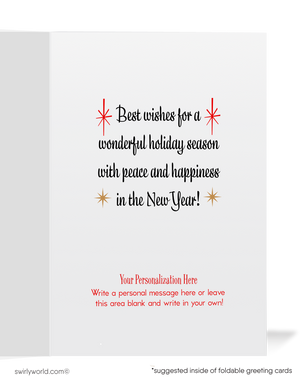 Vintage Mid-Century Christmas Card - Kitschy Deer Couple with Retro Ornaments & Starbursts Design