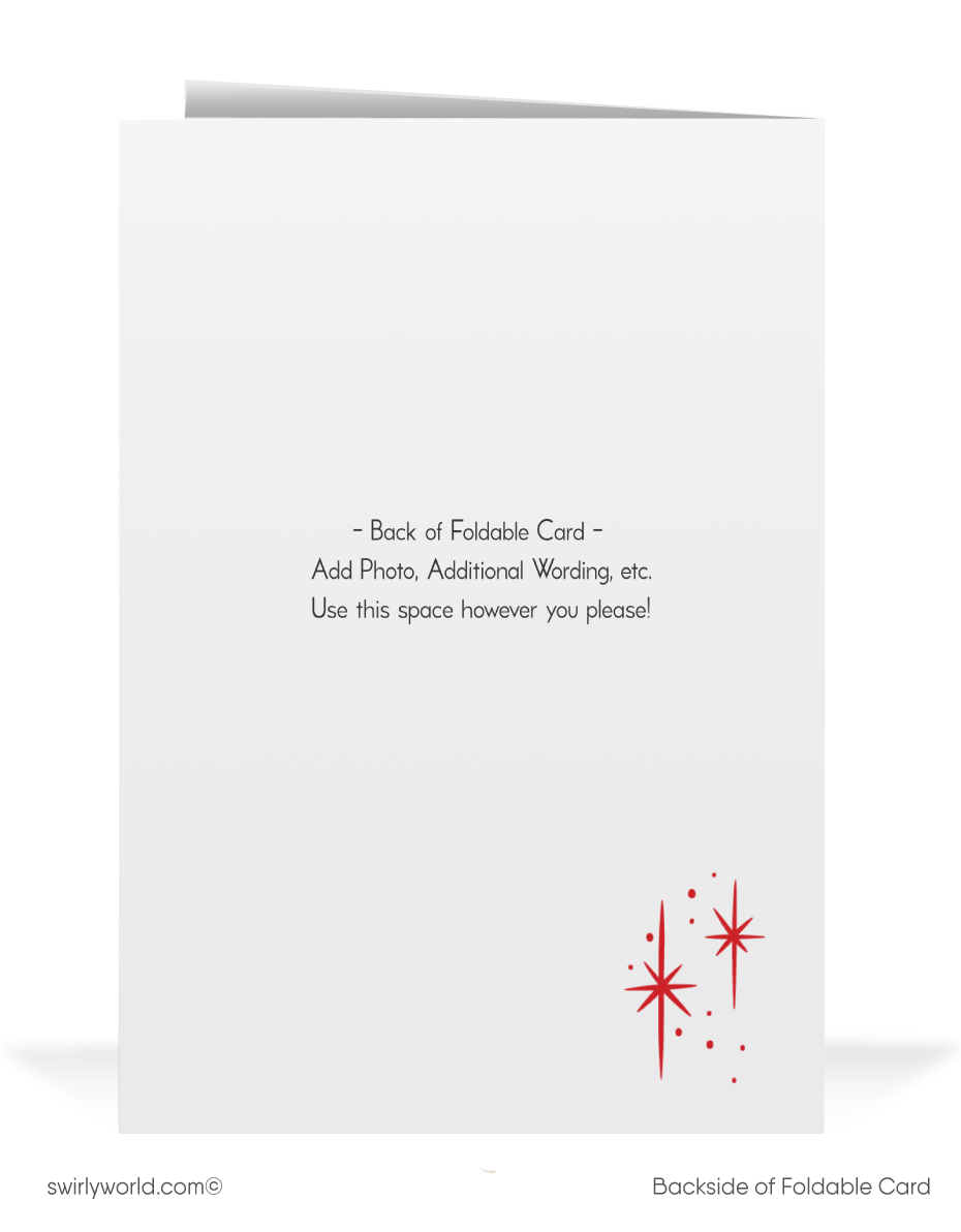 Vintage Mid-Century Christmas Card - Kitschy Deer Couple with Retro Ornaments & Starbursts Design