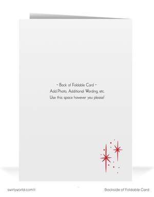 Vintage Mid-Century Christmas Card - Kitschy Deer Couple with Retro Ornaments & Starbursts Design