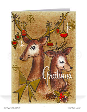 Vintage Mid-Century Christmas Card - Kitschy Deer Couple with Retro Ornaments & Starbursts Design