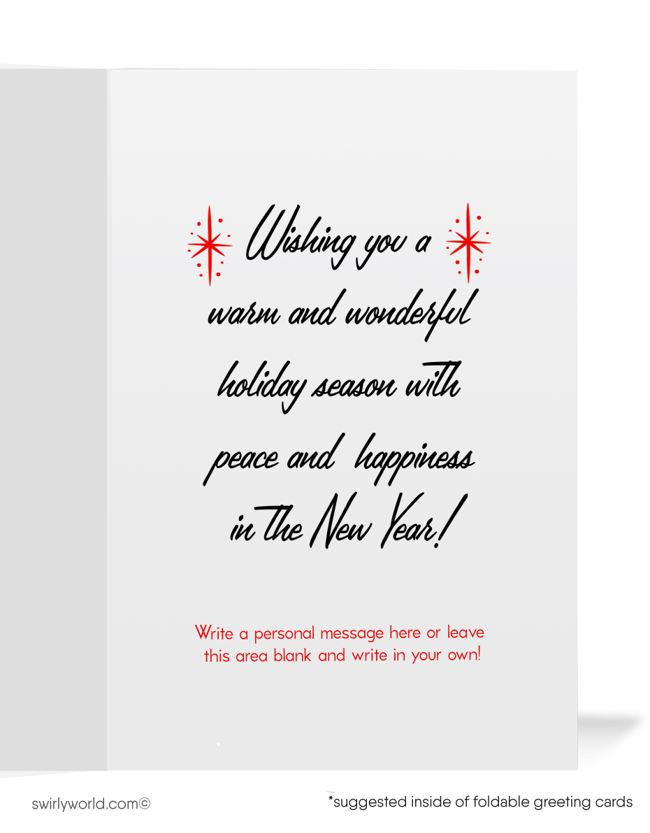 Vintage Christmas Card with 1950s Santa Claus, Cozy Fireplace Scene, and Mid-Century Modern Holiday Design