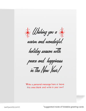 Vintage Christmas Card with 1950s Santa Claus, Cozy Fireplace Scene, and Mid-Century Modern Holiday Design