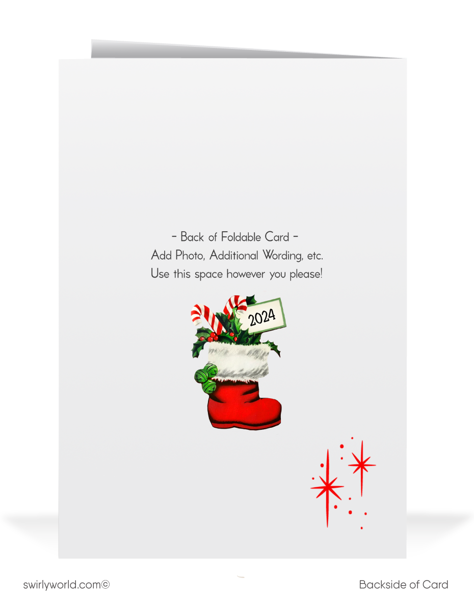 Vintage Christmas Card with 1950s Santa Claus, Cozy Fireplace Scene, and Mid-Century Modern Holiday Design