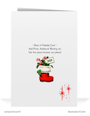 Vintage Christmas Card with 1950s Santa Claus, Cozy Fireplace Scene, and Mid-Century Modern Holiday Design