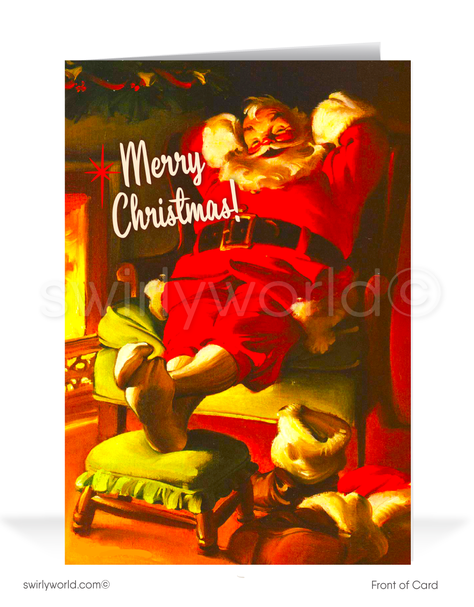 Vintage Christmas Card with 1950s Santa Claus, Cozy Fireplace Scene, and Mid-Century Modern Holiday Design