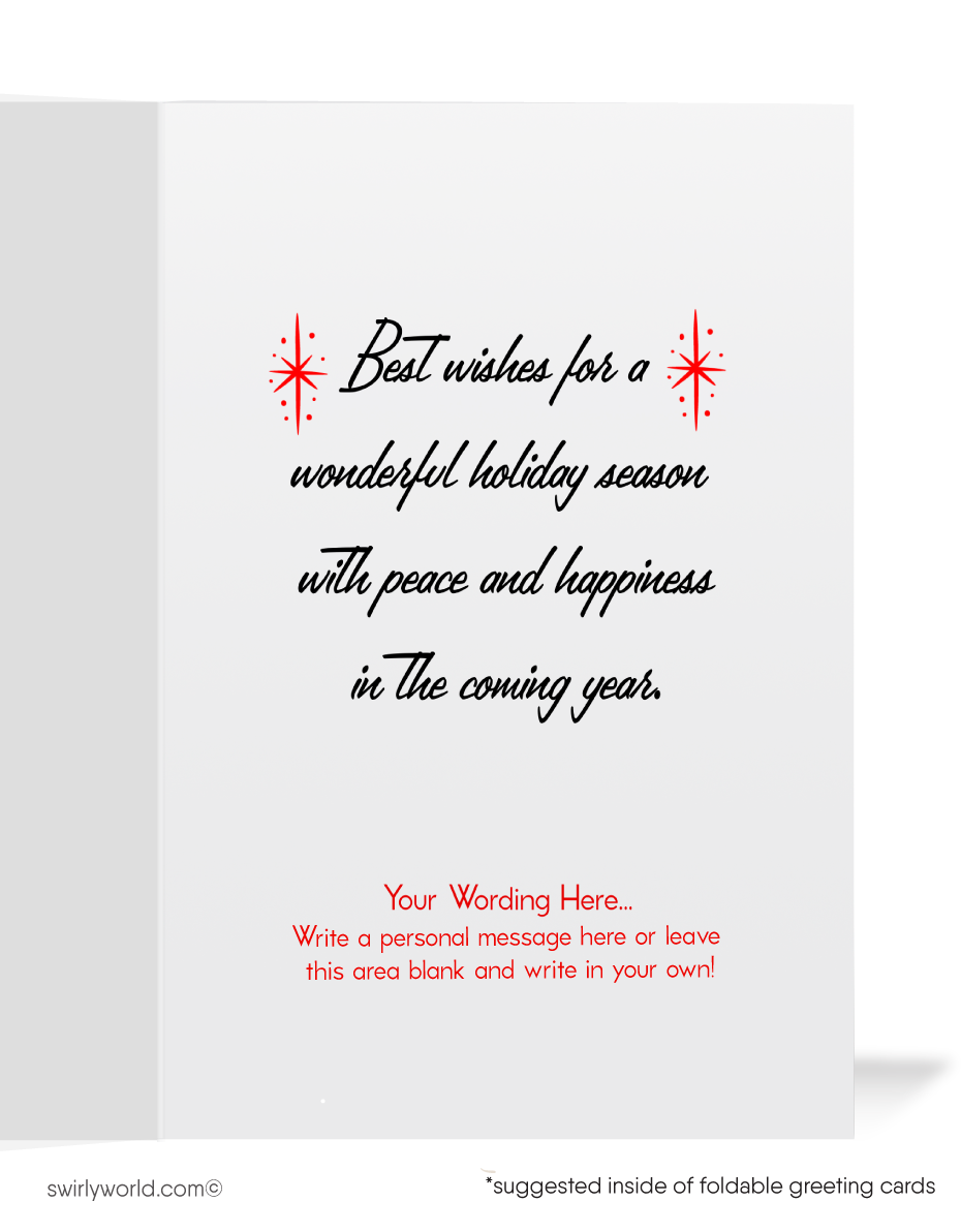 Capture the charm of yesteryear with our 1950s retro vintage Christmas card featuring Santa in mid-century kitsch style. Perfect for nostalgic holiday cheer!