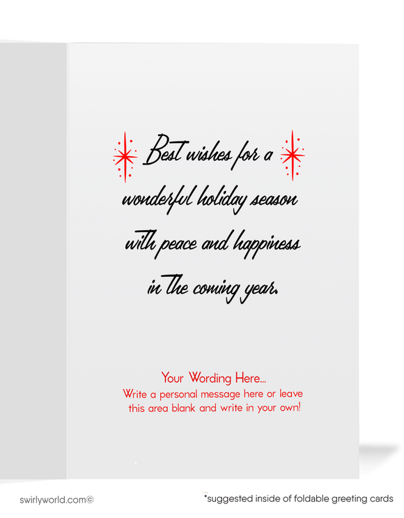 Capture the charm of yesteryear with our 1950s retro vintage Christmas card featuring Santa in mid-century kitsch style. Perfect for nostalgic holiday cheer!