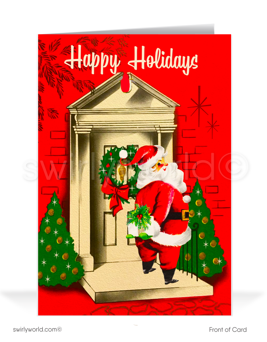 Capture the charm of yesteryear with our 1950s retro vintage Christmas card featuring Santa in mid-century kitsch style. Perfect for nostalgic holiday cheer!
