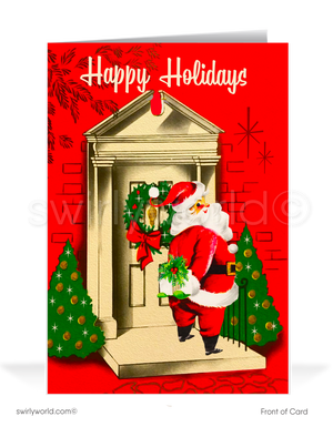 Capture the charm of yesteryear with our 1950s retro vintage Christmas card featuring Santa in mid-century kitsch style. Perfect for nostalgic holiday cheer!