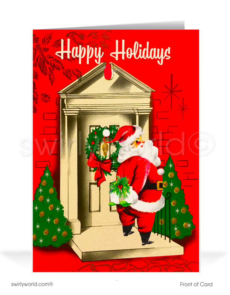 Capture the charm of yesteryear with our 1950s retro vintage Christmas card featuring Santa in mid-century kitsch style. Perfect for nostalgic holiday cheer!