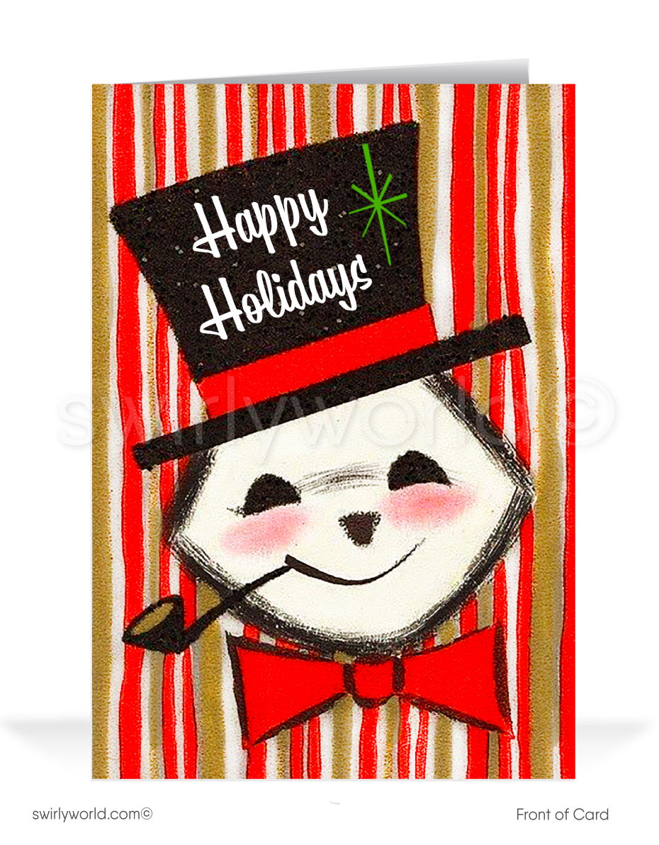 Vintage Mid-Century Christmas Card - Swinging Sixties Atomic Snowman Design with Top Hat & Pipe